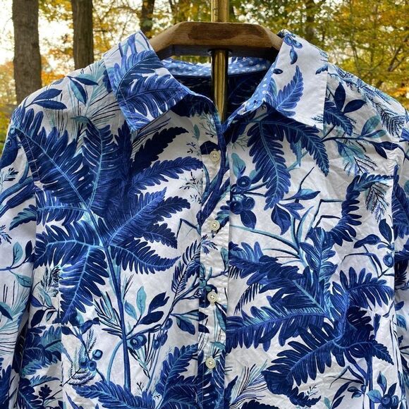 Talbots Blue White Tropical Button Up Blouse - Picture 3 of 8